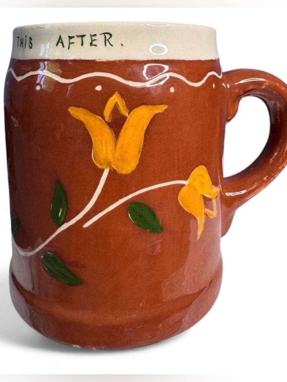 Vintage handmade ceramic mug with a frog inside the cups , peacock, flowers